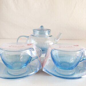 Blue Glass Tea Pot & Cups 6 Piece Set